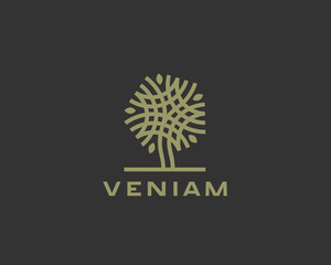 Abstract linear vector tree logo icon design. Universal luxury premium solid symbol. Creative park nature bio relax spa sign logotype.