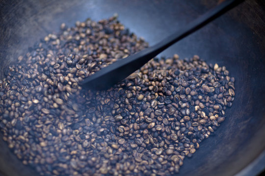 Close-up of roasting coffee beans