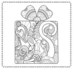 Christmas gift adult coloring page. New year present for coloring.