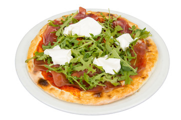 Fototapeta na wymiar Pizza with arugula, bacon, tenderloin, tomato and mayonnaise. Pizza on a white background.