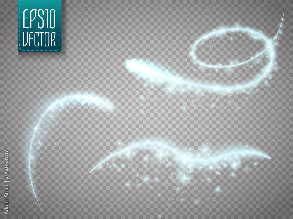 Aufkleber Set of magic glowing spark swirl trail effect isolated on transparent background. Bokeh glitter wave line with flying sparkling flash lights. Vector