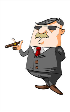 Colorful vector illustration of a cartoon businessman with suit and sunglasses, smoking a cigar