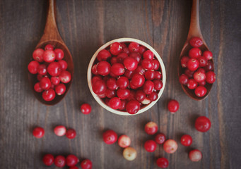 Fresh juicy cranberry in wooden round bowls with a wooden spoon on a table, top view