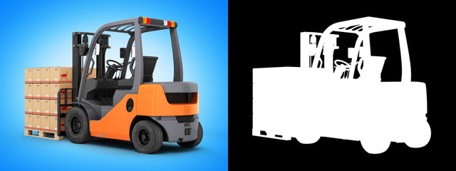 Forklift truck with boxes on pallet isolated on blue gradient ba