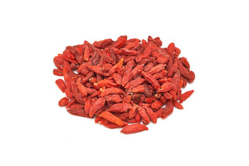 Pile of dried goji berries isolated on white background