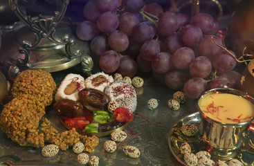 Still Life. Traditional Oriental Sweets on Vintage Moroccan Tray