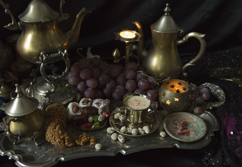 Still Life. Traditional Oriental Sweets on Vintage Moroccan Tray