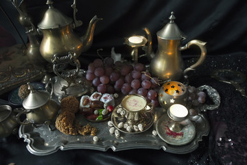 Still Life. Traditional Oriental Sweets on Vintage Moroccan Tray
