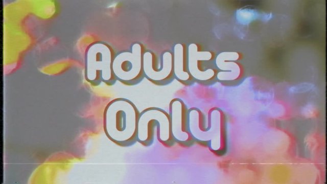 Vintage 1970s style animation, abstract moving elements with the text Adults Only. Bad VHS tape intro or opening.
