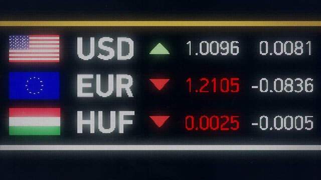 Hungarian Forint, Euro falling compared to US dollar, financial crisis, default. World currencies plummet down, financial crisis, stock market crash

