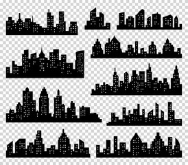 Naklejka premium City silhouette vector set. Panorama background. Skyline urban border collection. Buildings with windows