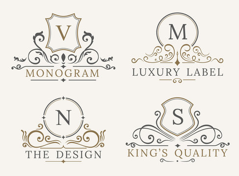 Luxury Logo Template. Shield Business Sign for Signboard. Monogram Identity  Restaurant, Hotels, Boutique, Cafe, Shop, Jewelry, Fashion. Flourishes Vector Calligraphic Ornament Elements