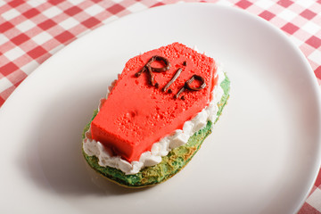 Funny delicious cakes for Halloween on the table. horizontal view from above