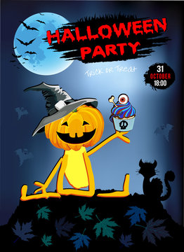 Invitation to a party Halloween pumpkin with Cake, illustration, poster, on an blue background.