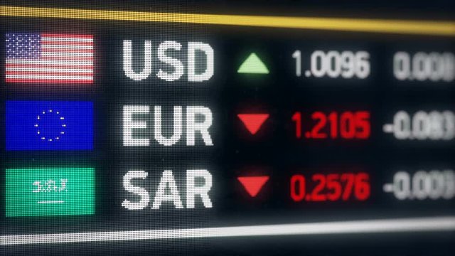 Saudi Riyal, US dollar, Euro comparison, currencies falling, financial crisis. World currencies plummet down, financial crisis, stock market crash

