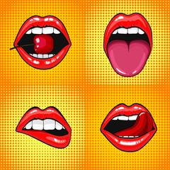 Obraz premium Close up view of young pretty woman lips portrait biting a cherry. Open month with white teeth and tongue. halftone dots background. Set Pop art comic style month.