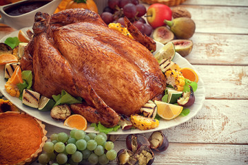 Thanksgiving Turkey dinner on white wooden table with copy space 