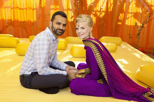 Portrait Of A Mixed Race Couple Her Wearing A Sari; Ludhiana, Punjab, India