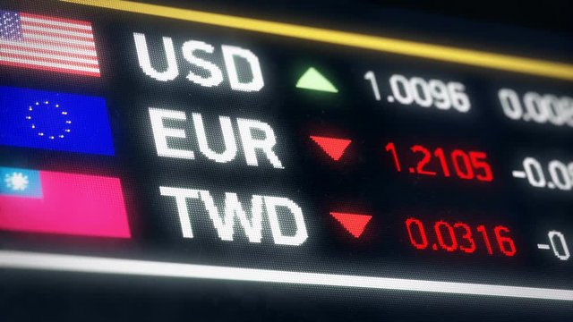 Taiwan dollar, US dollar, Euro comparison, currencies falling, financial crisis. World currencies plummet down, financial crisis, stock market crash


