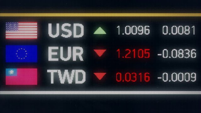 Taiwan dollar, Euro falling compared to US dollar, financial crisis, default. World currencies plummet down, financial crisis, stock market crash

