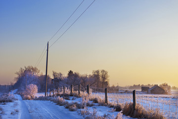 Snow And Frost Cover A Rural Road And Farmland; Parkland County, Alberta, Canada