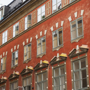 Facade Of A Red Building In Old Town; Stockholm, Sweden