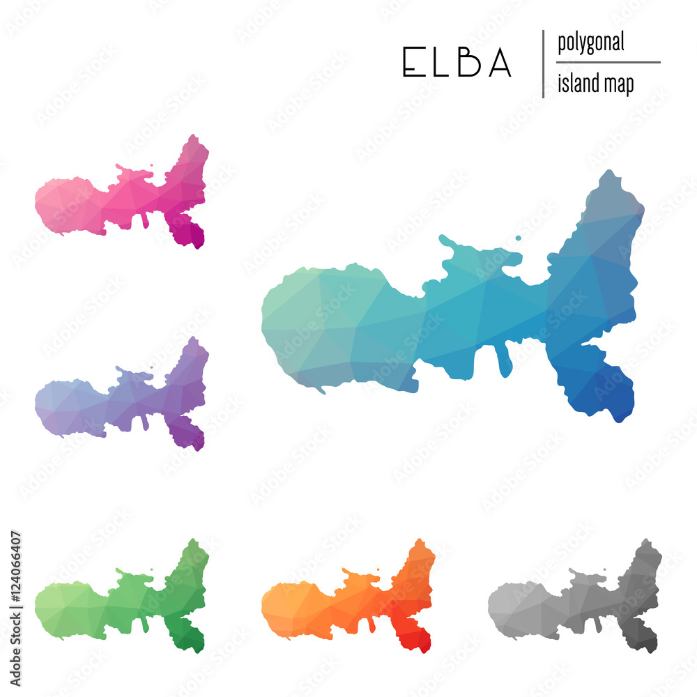 Poster set of vector polygonal elba maps filled with bright gradient of low poly art. multicolored island o