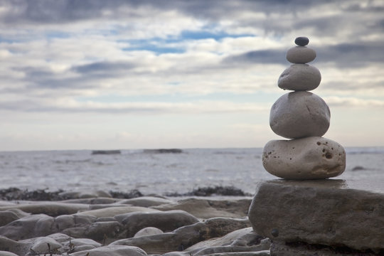 Stack of rocks on beach, South Shields, Tyne And Wear, England, UK