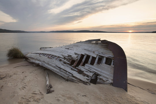 Ruins Of An Old Boat Abandoned On The Beach Of Lake Superior Near Marquette; Michigan, United States of America