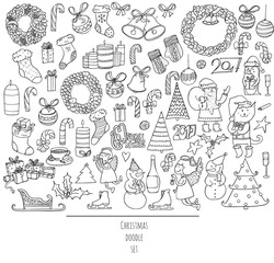 Christmas set of hand drawn doodles in simple graphic style. Vector black and white illustration with christmas accessories as christmas tree, decoration, santa and more. Black outline on white