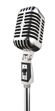  Isolated Retro Microphone. 3D render of Classic style retro Microphone on a Stand. On Off button. Isolated. 