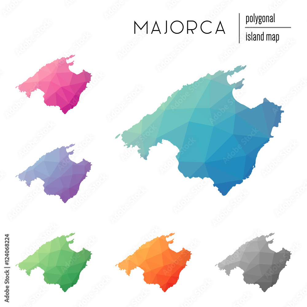 Wall mural set of vector polygonal majorca maps filled with bright gradient of low poly art. multicolored islan