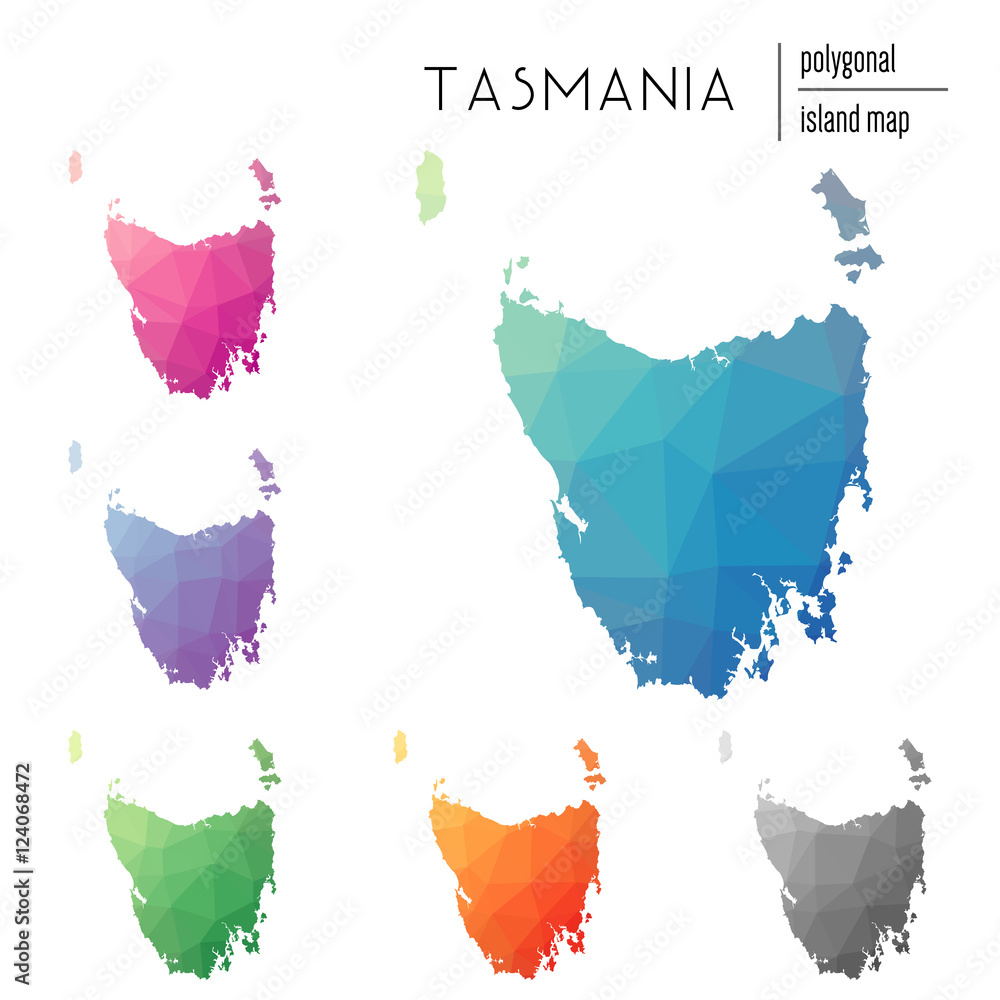 Wall mural Set of vector polygonal Tasmania maps filled with bright gradient of low poly art. Multicolored island outline in geometric style for your infographics.