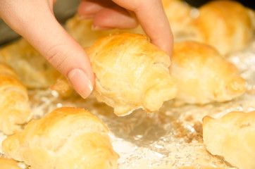 Baked homemade croissants in a female hand
