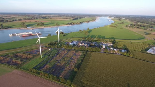 Aerial View Landscape Germany near Kalkar River Rhine Clean Green Energy 