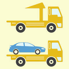 Tow truck or wrecker icon in flat design. Vehicle maintenance and repair. Colorful vector illustration. 