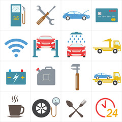 Car service icon set in flat design. Vehicle maintenance and repair. Colorful vector illustration. 