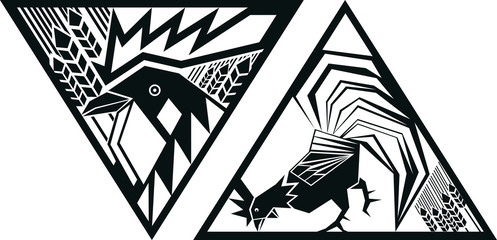 Black and white vector image of rooster in triangle