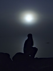 Silhouette of a girl sitting by the misty sea in moonlight. 
