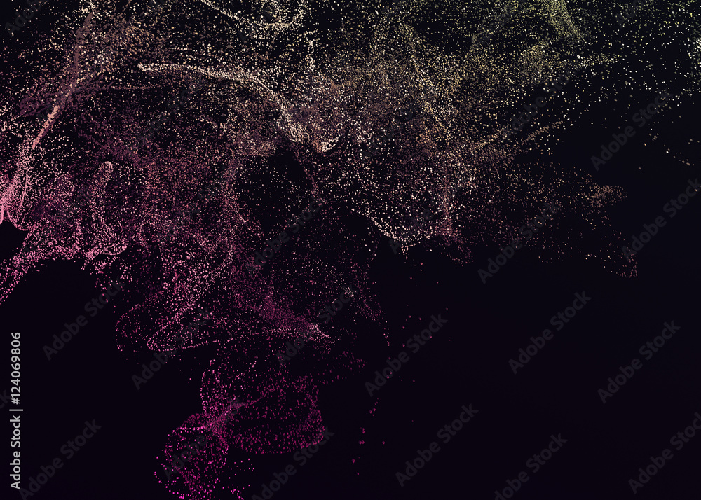 Poster abstract 3d rendering of chaotic particles. flying cubes in empty space. dynamic shape. futuristic b