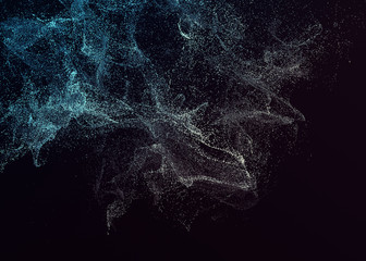 Abstract 3d rendering of chaotic particles. Flying cubes in empty space. Dynamic shape. Futuristic background. Poster design.