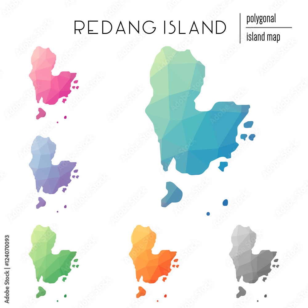 Poster set of vector polygonal redang island maps filled with bright gradient of low poly art. multicolored