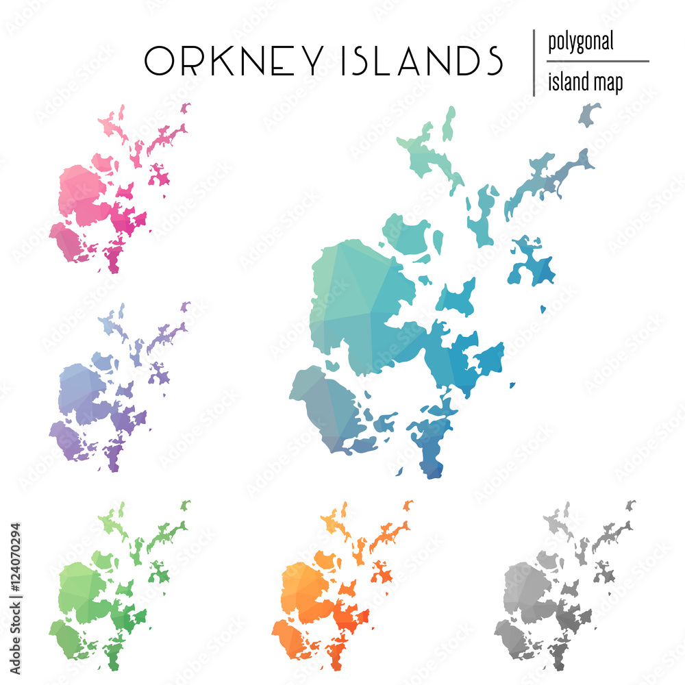 Poster set of vector polygonal orkney islands maps filled with bright gradient of low poly art. multicolore