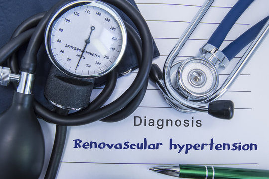 Diagnosis Renovascular hypertension. A stethoscope, sphygmomanometer with a cuff lie on medical form documentation with diagnosis Renovascular hypertension in office doctor of internal medicine 