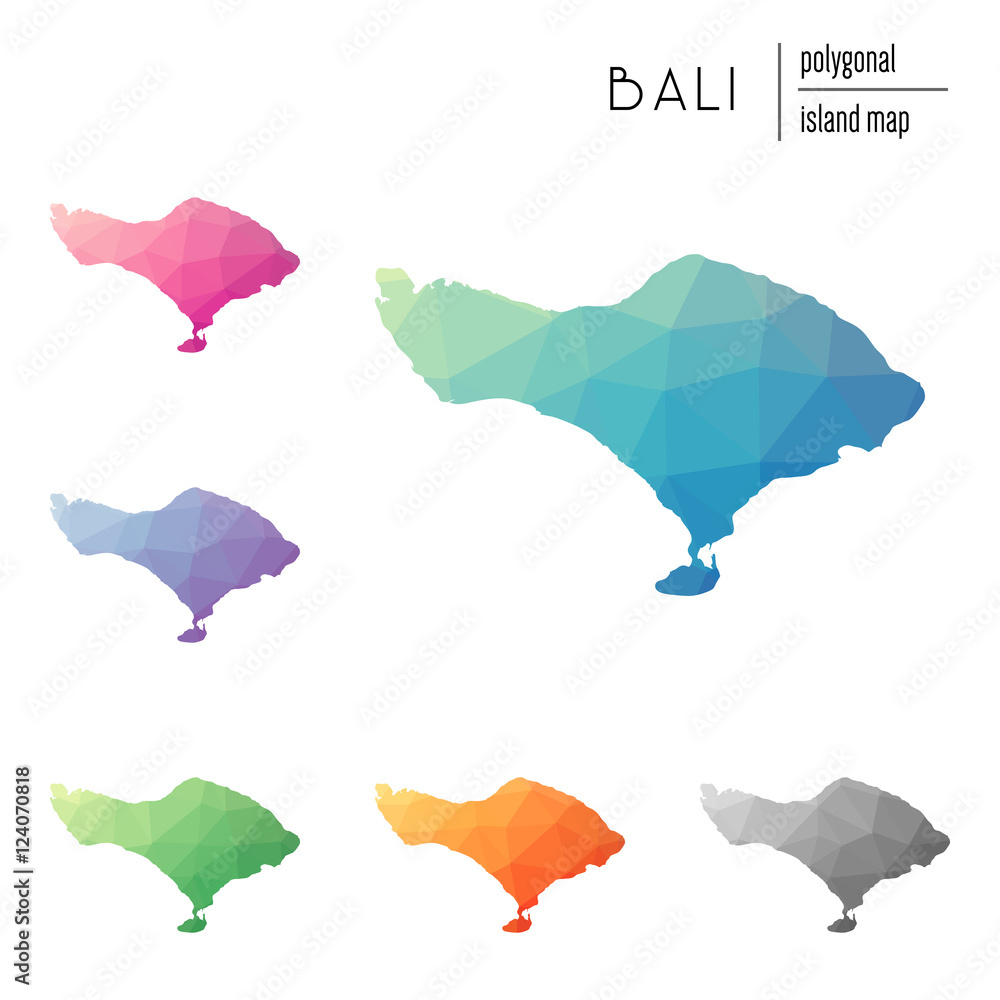 Aufkleber set of vector polygonal bali maps filled with bright gradient of low poly art. multicolored island o