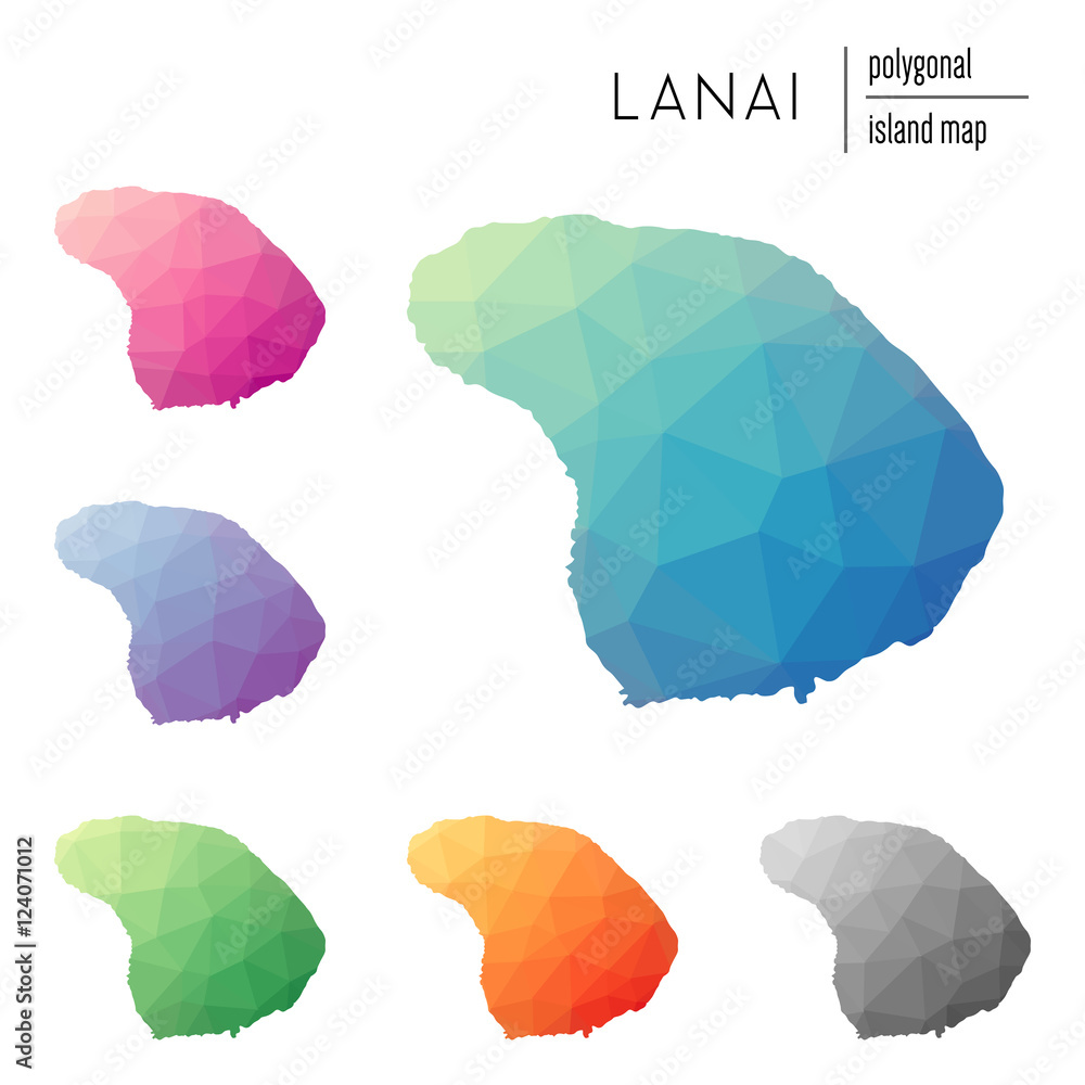 Poster set of vector polygonal lanai maps filled with bright gradient of low poly art. multicolored island 