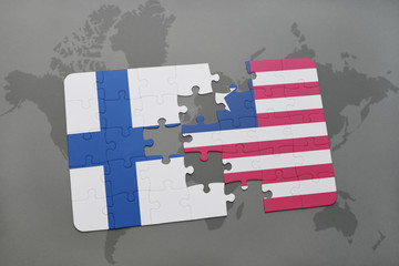 puzzle with the national flag of finland and liberia on a world map background.