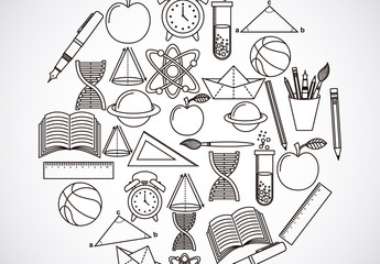 Black and White School Supplies and Tools Icon Set