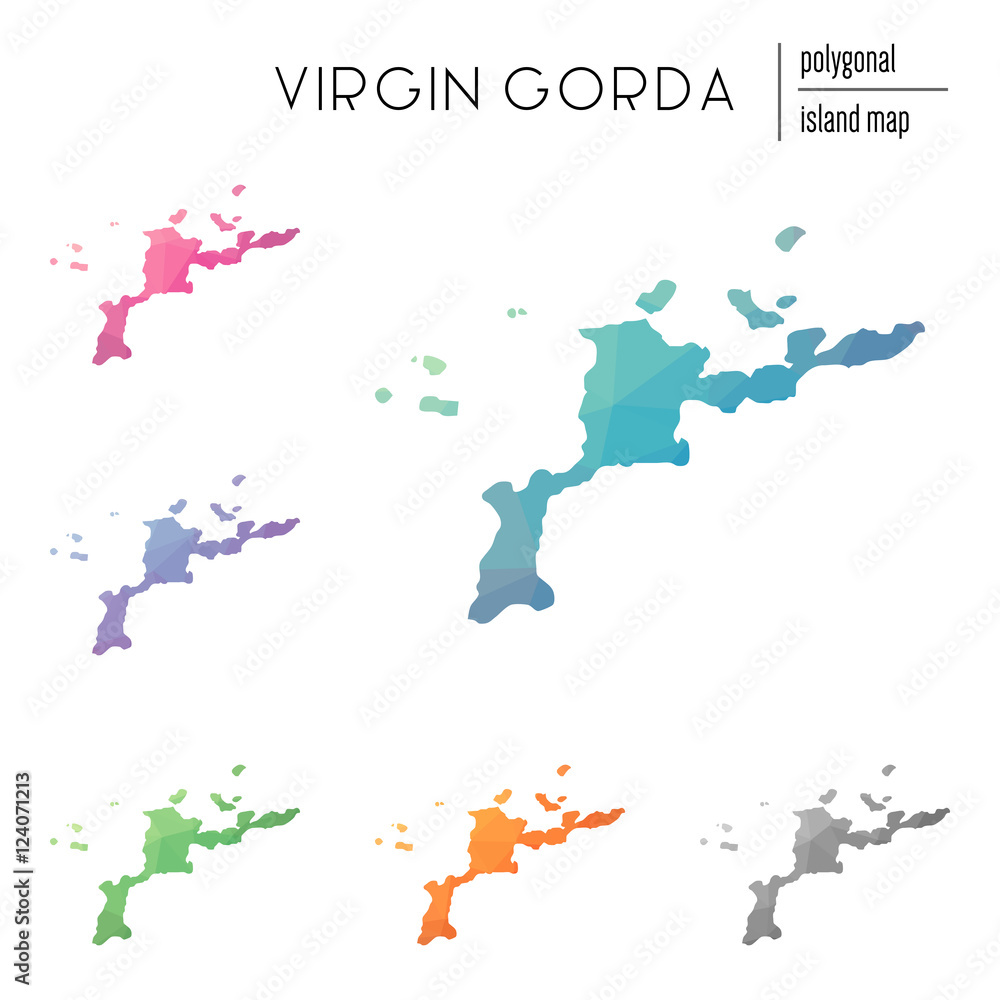 Poster set of vector polygonal virgin gorda maps filled with bright gradient of low poly art. multicolored 