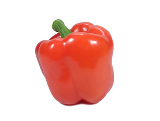 One ripe red bell pepper with green stem isolated on white background, close-up 